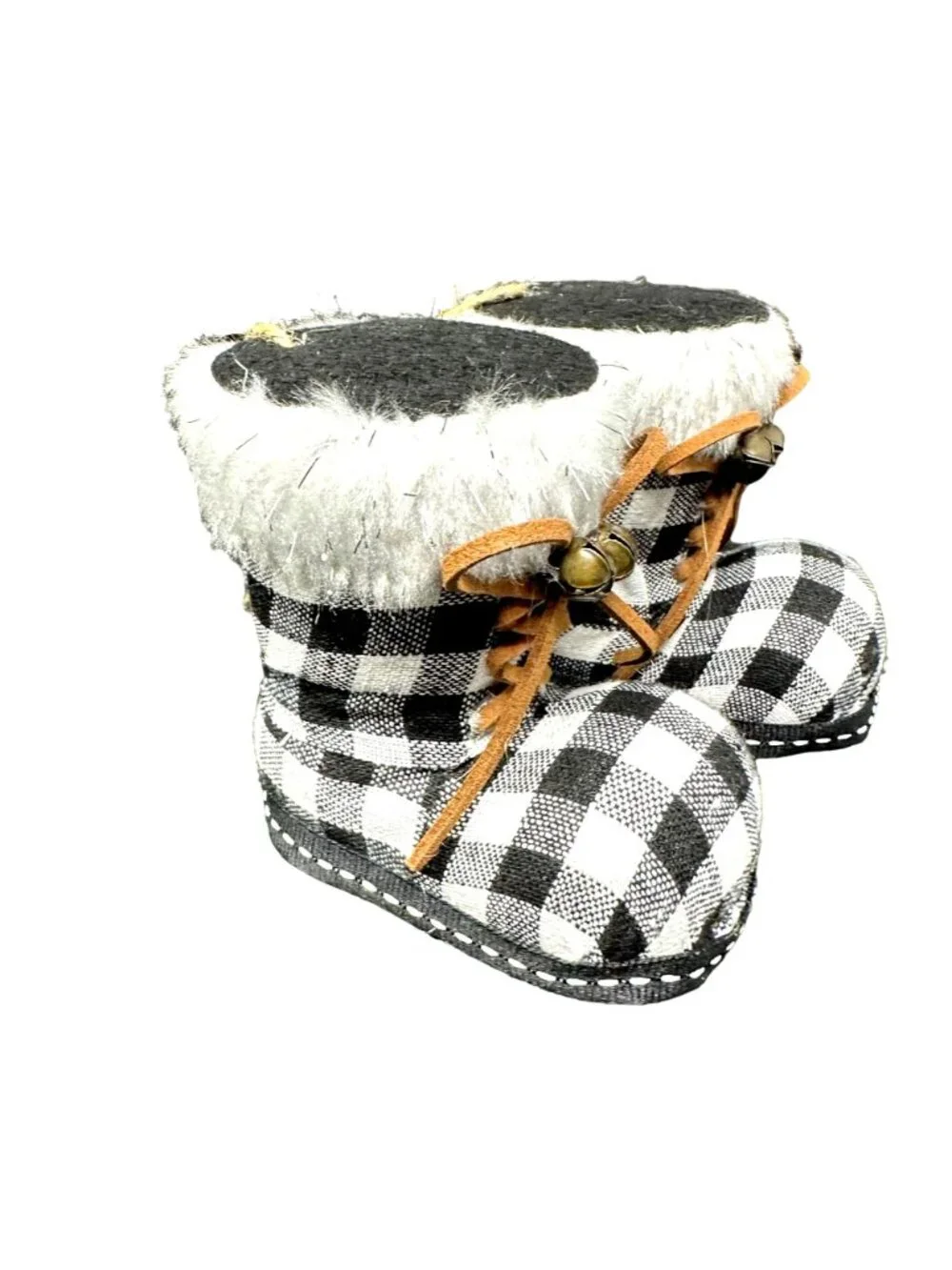 Christmas Holiday Santa Boots Ornament Buffalo Plaid Check Faux Fur Trim Bells